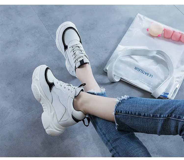 SWYIVY Split Leather Casual Shoes Women Sneakers New Autumn Shallow Chunky Sneakers For Women Solid Med Heel Ladies Shoe