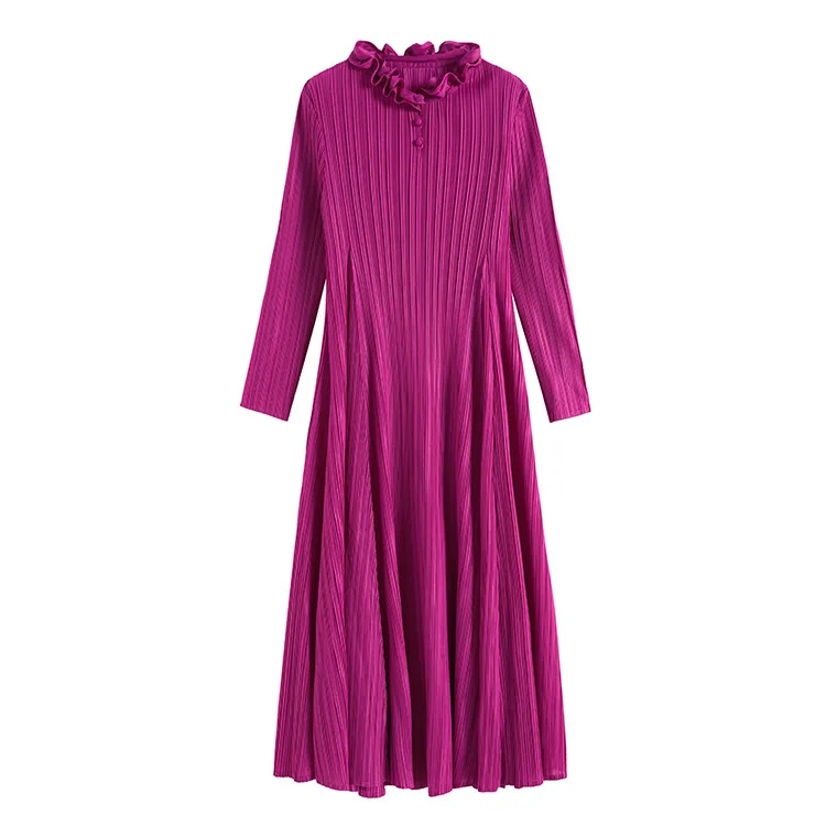 FREE SHIPPING Miyake fold Vintage Lace Collar Long Sleeve Dress with long sleeve A-Line dress IN STOCK