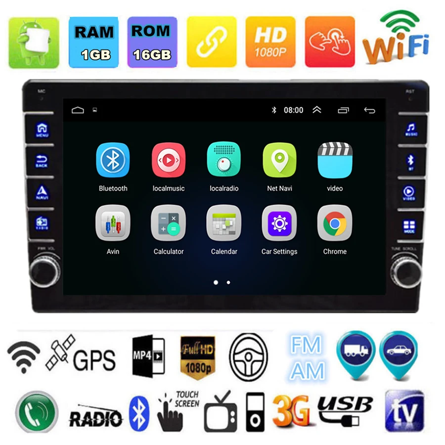 2 Din " Android 8,1 1080P Автомобильный стерео радио с кнопочной ручкой сенсорный экран четырехъядерный ОЗУ 1 Гб ПЗУ 16 Гб gps Wifi 3g 4G BT DAB