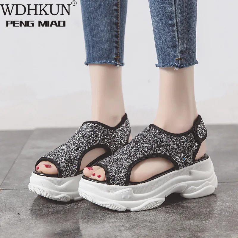 

Fish Mouth Sandals Women's New Summer Fashion Sequins And All-around Muffin Thick Bottom Sports Beach Sandals