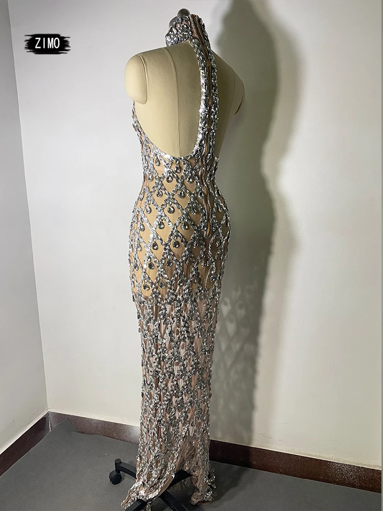 sparkle crystal rhinestones sequin long dress mesh Transparent sexy backless singer stage party birthday drag queen costume