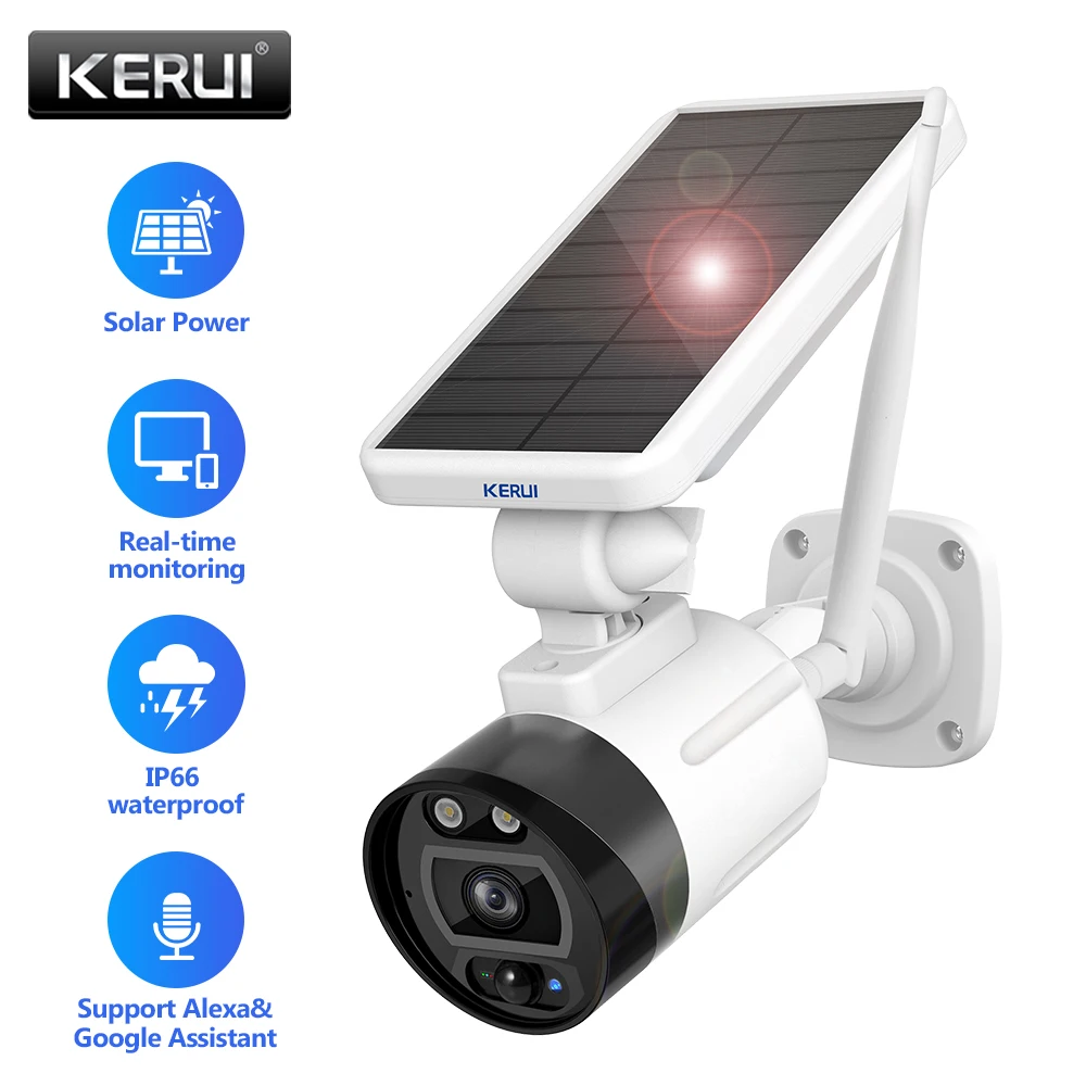 

KERUI WIFI Solar IP Camera HD1080P Built-in Rechargable Battery Home Security Outdoor Wireless Surveillance Camera Support Alexa