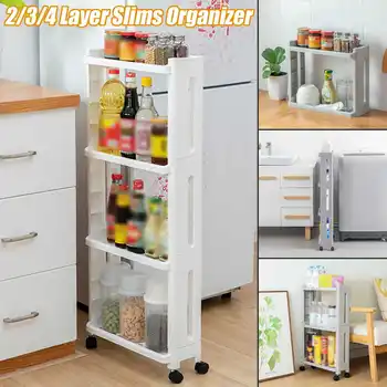 

2/3/4 Layer Kitchen Storage Rack Slim Slide Movable Assemble Plastic Bathroom Shelf Wheels Space Saving Organizer