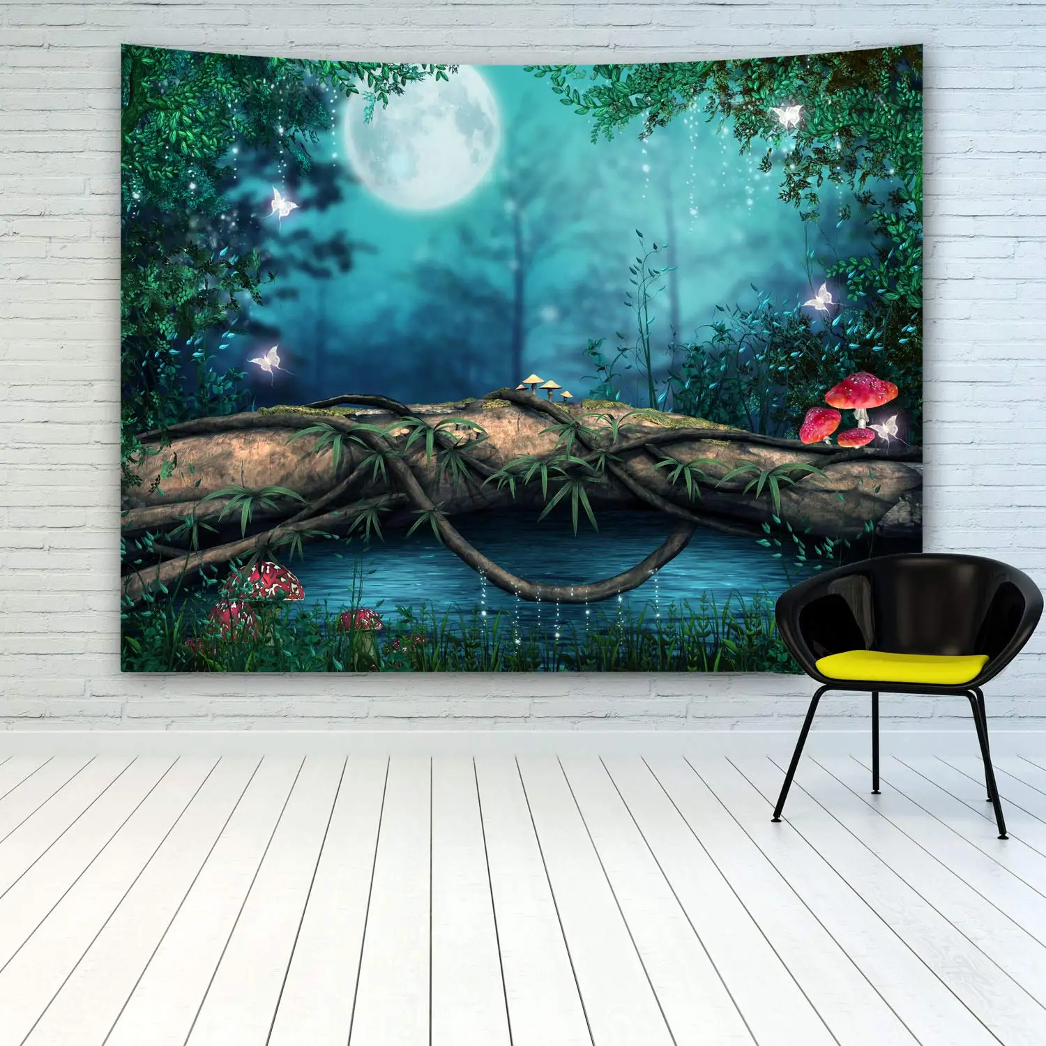 

Fantasy Fairy Tale Forest Green Trees Red Mushroom Magic Full Moon Background Tapestry