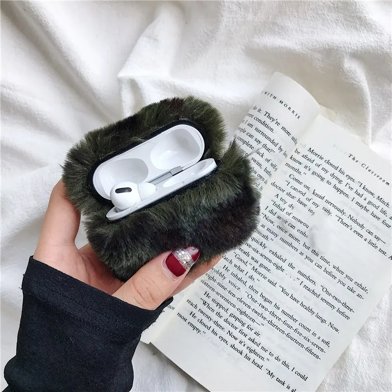 Зимний вязаный чехол для ключей, чехол для Airpods, роскошный плюшевый Леопардовый беспроводной Чехол для наушников для Apple Airpods 2/1 - Цвет: black