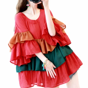 

Origional Ethnic Style Bell Sleeve Mixed Colors Flounced Loose-Fit Mid-length Cotton Linen Tops Women Chiffon Blouse