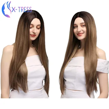 

Highlight Brown Women's Synthetic Hair Middle Part 28inch Long Straight Lolita Wig Heat Resistant Colorful Hair Cosplay Wig