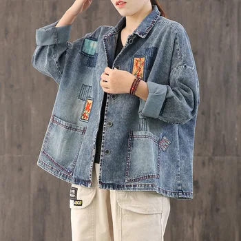 

Luxury Korean Ladies Embroidery Patch Tops Womens Fashion Denim Shirts Vintage Long Sleeve Tops And Blouses Plus Size LT972S30