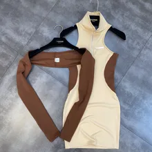 

PREPOMP 2022 Autumn Long Sleeve Overalls Stand Collar Sleeveless Zipper High Waist Backless Short Mini Dress Two Piece Set GC225