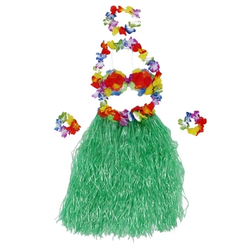 

5pcs Set Hawaiian Grass Skirt Flower Hula Lei Garland Dress Costume (Green)