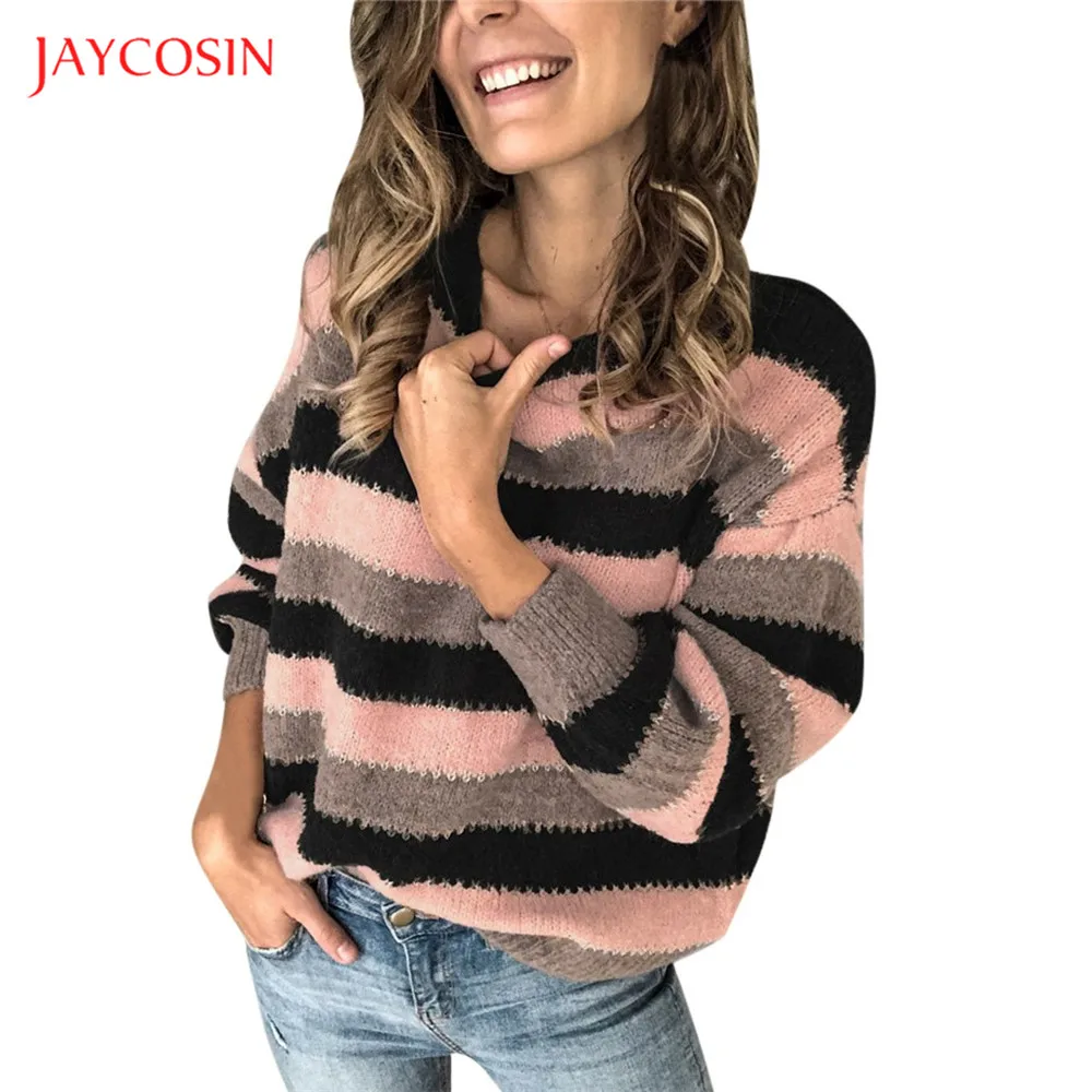 Joycosin Модные женские свитера с О-образным вырезом и длинным рукавом, повседневный эластичный вязаный мягкий свободный свитер с полосатым принтом