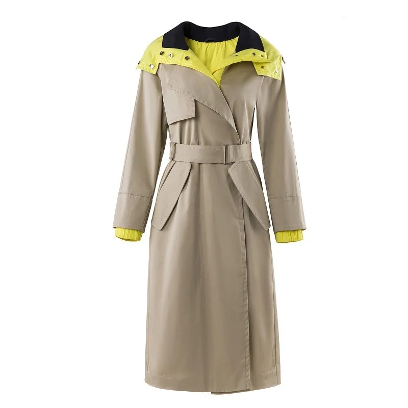 DEAT new winter fashion desings clothes full sleeves yellow patchwork kahki color hooded windbreaker with belt WJ89104L