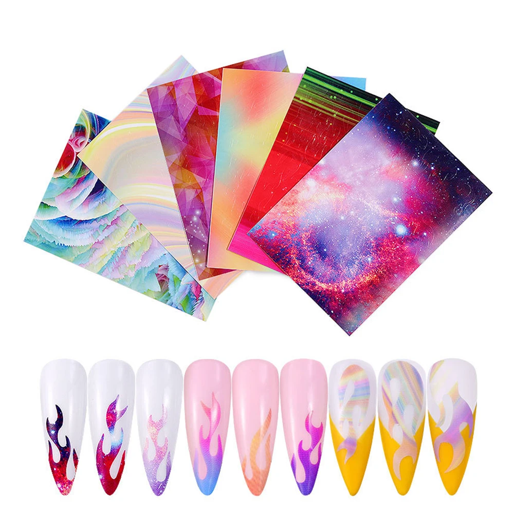 

6Pcs/Set Fire Flame Nail Stickers Holographic Hollow Stencil Stickers Sky Starry Adhesive Nail Art DecalFire Manicure Decoration