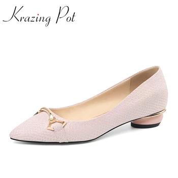 

Krazing pot large size genuine leather snack pattern pointed toe low heels metal decorations shallow slip on spring pumps L24
