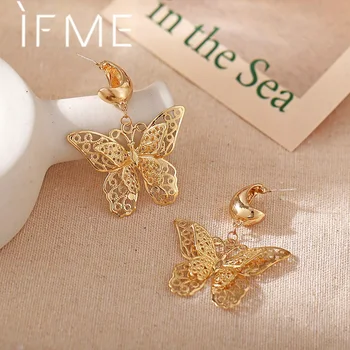 

IF ME Vintage Big 2 Layers Hollow Butterfly Earrings for Women Girl Oversize Geometric Circle Drop Dangle Earring Jewelry New