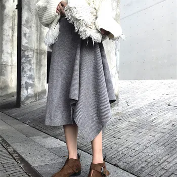 

TOTOB Fashion A-line Irregular Women Sweater Skirt Elastic Waist Pleated Mid-length Female Knitted Skirts 2020 Winter Skirt