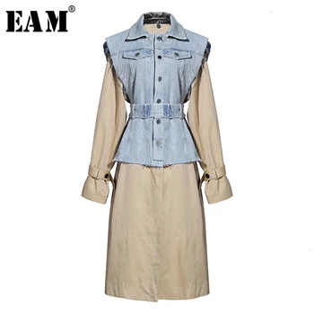 

[EAM] Women Khaki Denim Two Piece Trench New Lapel Long Sleeve Loose Fit Windbreaker Fashion Tide Spring Autumn 2020 1K438