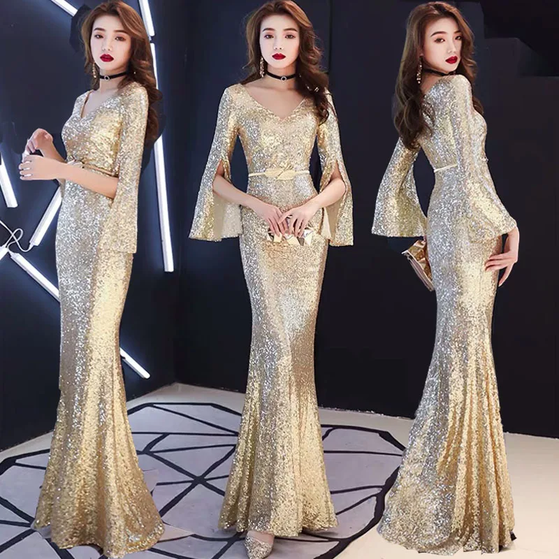 

Gold female 2020 new fishtail dress Office Lady Polyester Three Quarter Zippers Floor-Length V-Neck