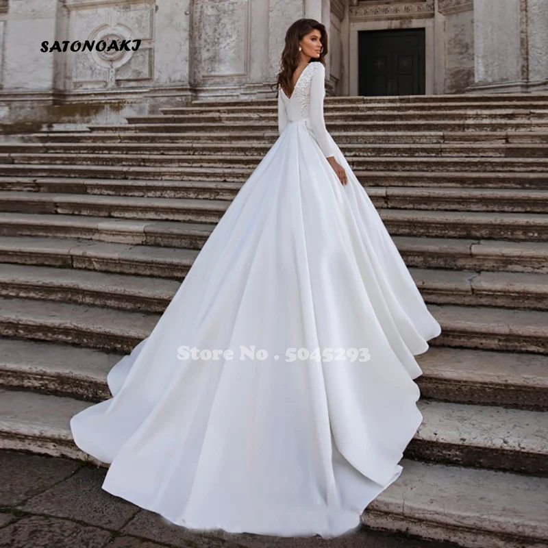 bridal dresses Vestidos De Novia Simple Elegant White Satin Long Sleeve Wedding Dress 2022 for Women Princesa Bridal Gown Robe Mariée France bridal dresses