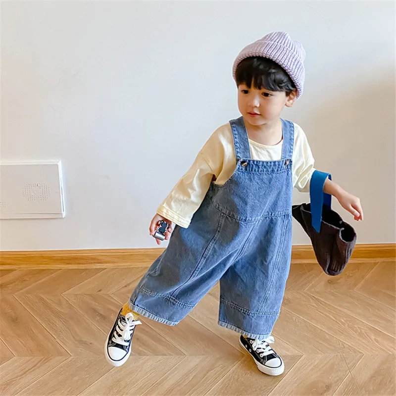 2021 New Children Loose Overalls boys girls casual all-match denim Trousers Spring Solid Outwear 1-7Y Kids fashion bib pants