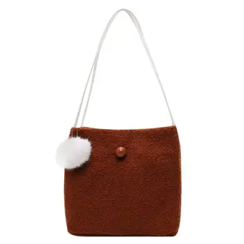 

Fashion Casual Classic Durable Portable Plush Women Handbag Simple Pompom Shoulder Shopping Bucket Bag Elegant Totes