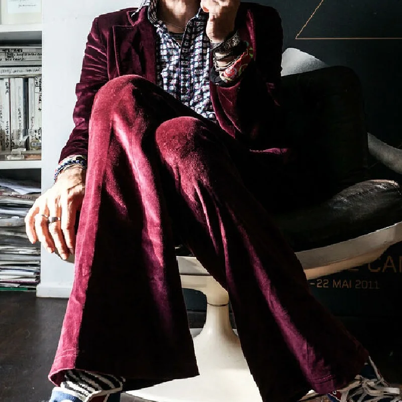 Wine Red Velvet Jacket and Flared Trousers Mens Suits for Wedding Man Blazer Bell-bottom Pants 2PCS Groom Tuxedos Trajes De Ni&ntilde;o