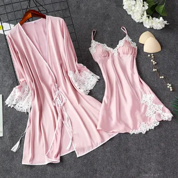 

Pink Night Robe Sexy Women 2PC Strap Top Suit Sleepwear Sets Casual Pajamas Home Wear Nightwear Sleep Kimono Bath Gown