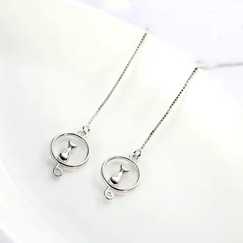 

100% 925 Sterling Silver Moon Cat Long Tassel Drop Earrings For Women High Quality Lady Fashion Jewelry 925-784
