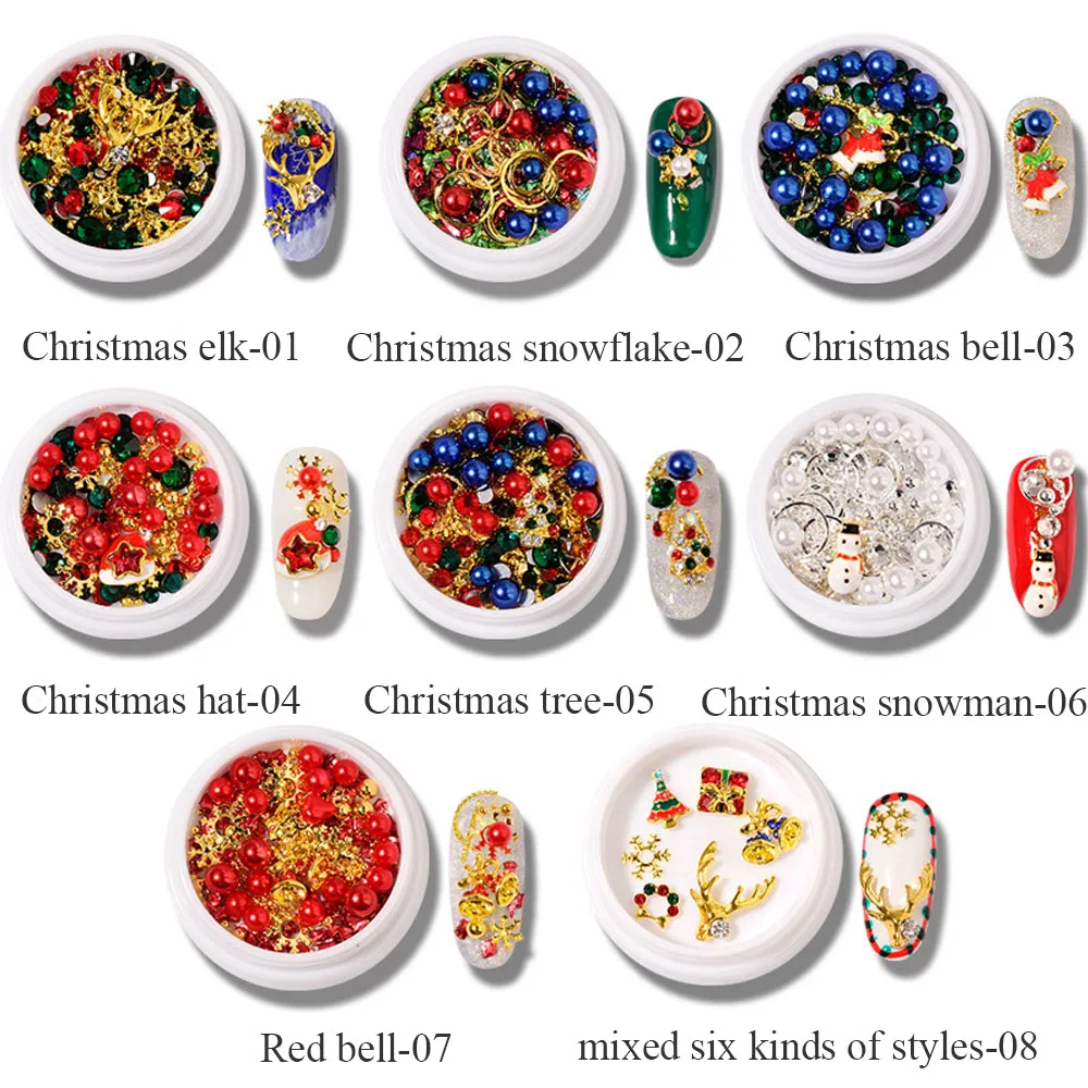 BQAN 1 Box Christmas Nail Art Rhinestones Sequins with 1 Pc Alloy Decor Christmas Tree Christmas Elk Christmas Snowman Nail Tool