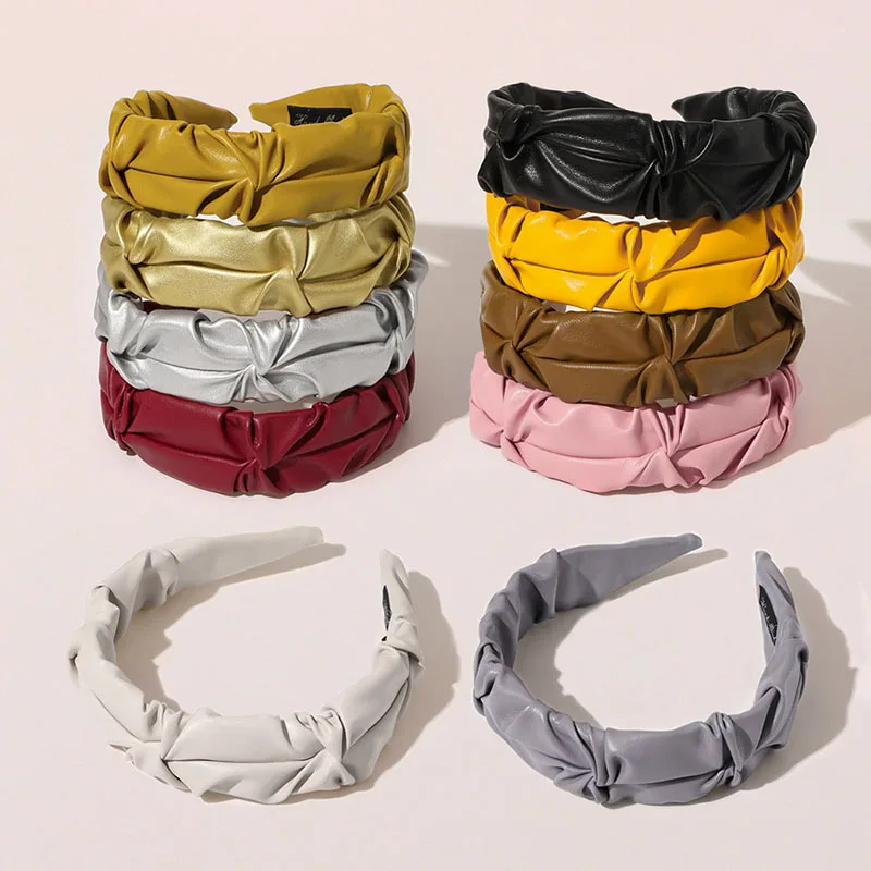 

PU Leather Headbands Wide Head Hoop Solid Color Fashion Women Hair Accessories Soft Pleated Artificial Charm Ruched Hair Hoop