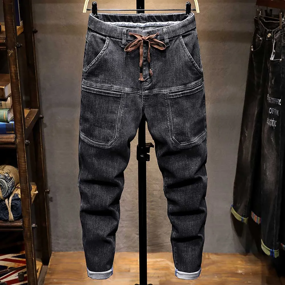 

Retro Black Harem Jeans Man Denim Pants Casual Trousers Density Fabric Splicing Patchwork Design Joggers Men Clothing