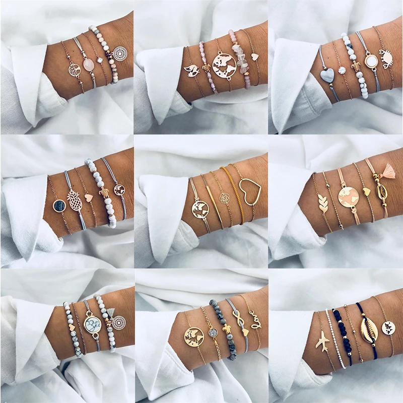 Набор женских браслетов с бусинами и цепочкой в богемном стиле | Украшения