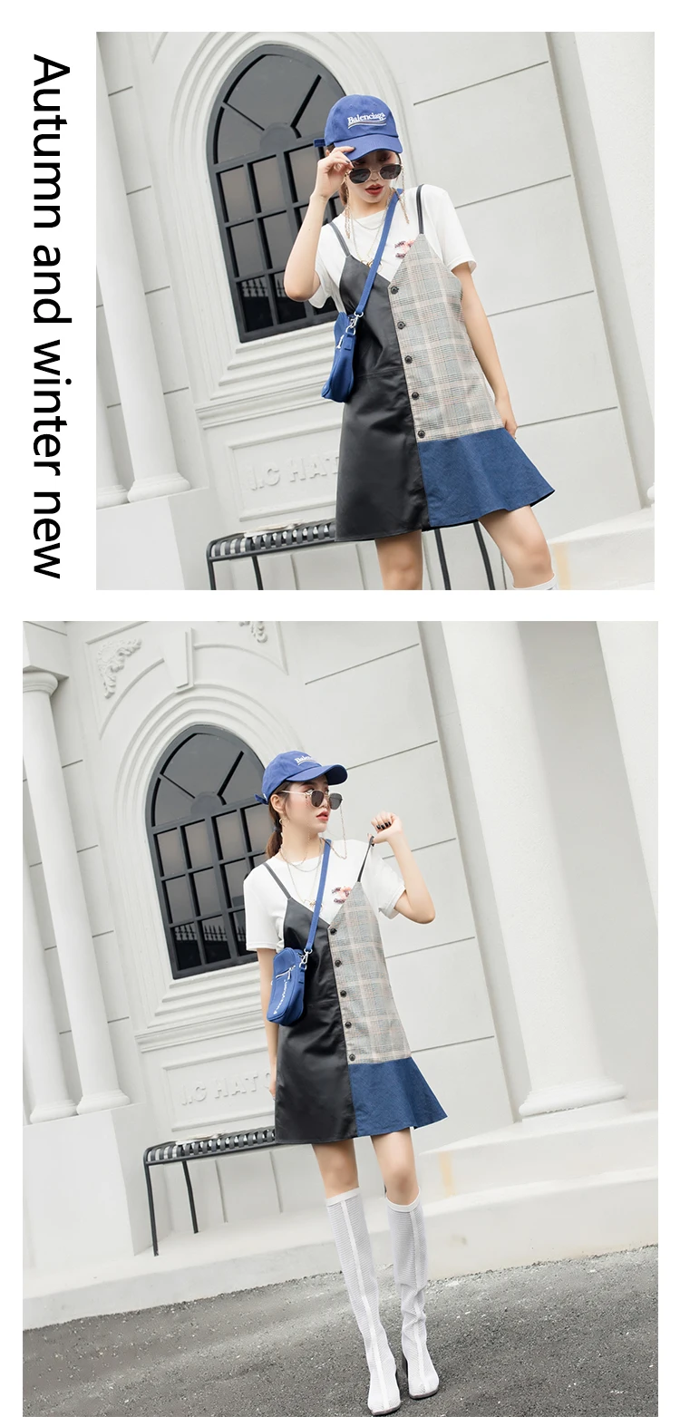 Genuine Leather Dress Highstreet Color Block Cut-and-Sew Grid Panel Button Front Women Strap Ruffles Hem Sheepskin Dresses