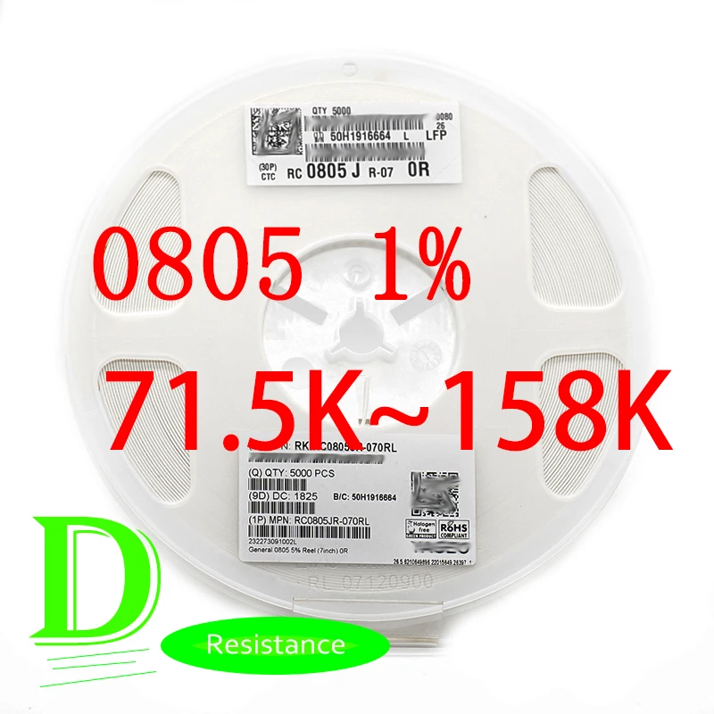100PCS SMD Резистор серии RC 0805 1% оригинальный RC0805FR-07 71 5 k-158K Все резисторы 75K 82K 91K 100K 110K