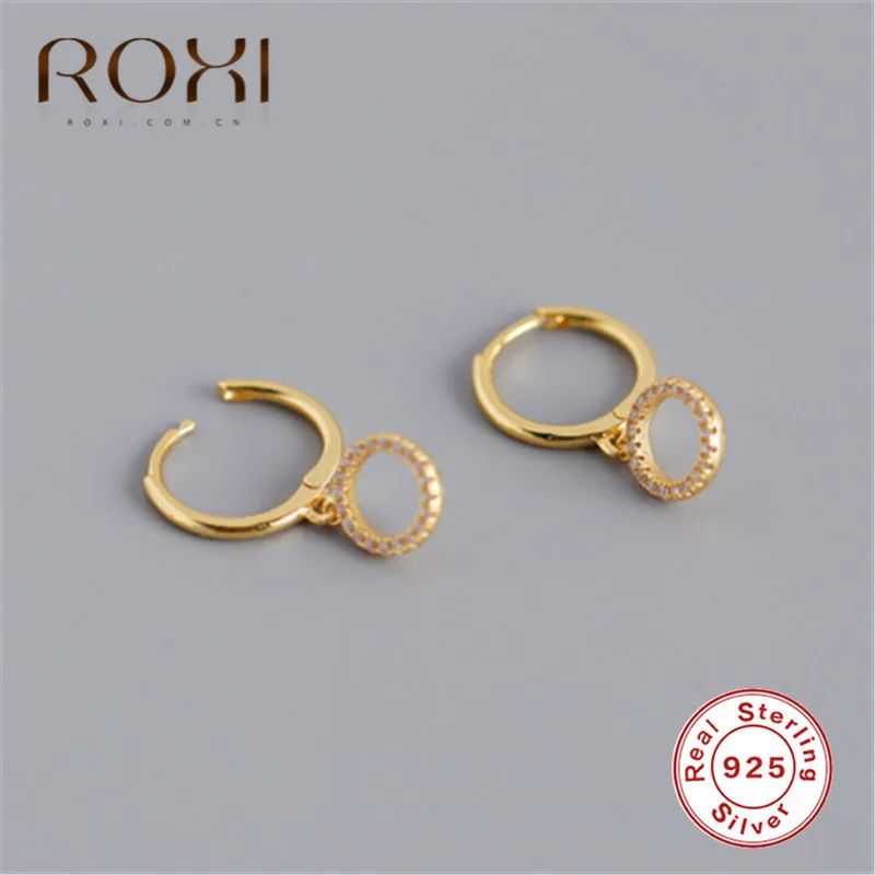 ROXI, модные маленькие 925 пробы, серебряные Подвесные серьги-гвоздики, серьги для женщин, Кристальные круглые подвески, очаровательные маленькие серьги-гвоздики, ювелирное изделие