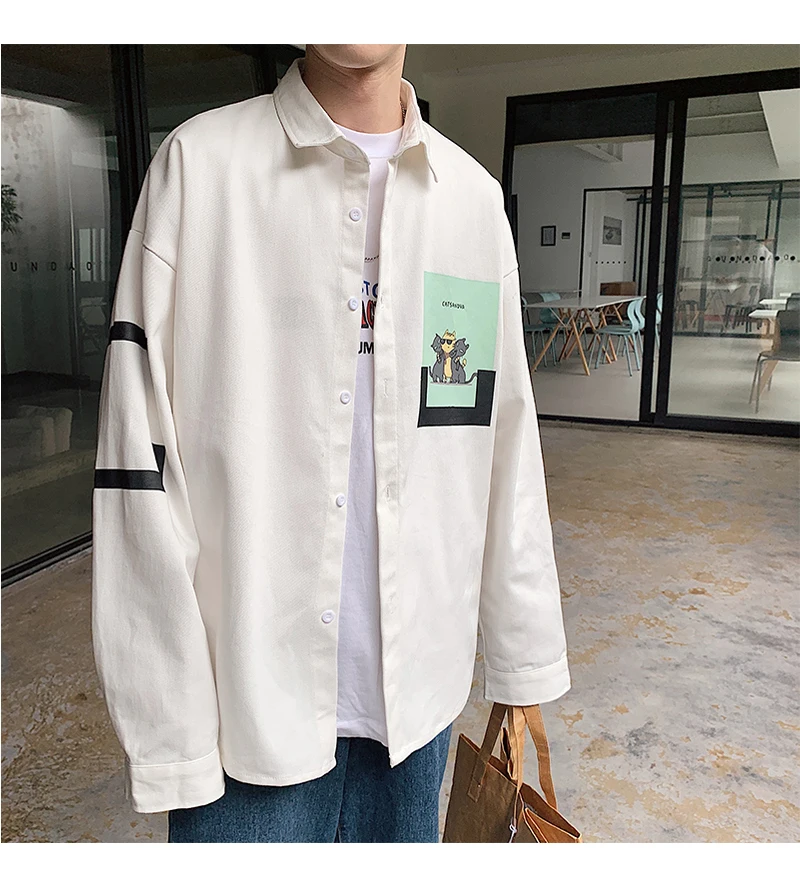 LAPPSTER Мужская Уличная рубашка с забавным принтом кота Мужская s графическая Harajuku белая рубашка рубашки с длинными рукавами негабаритные корейские рубашки