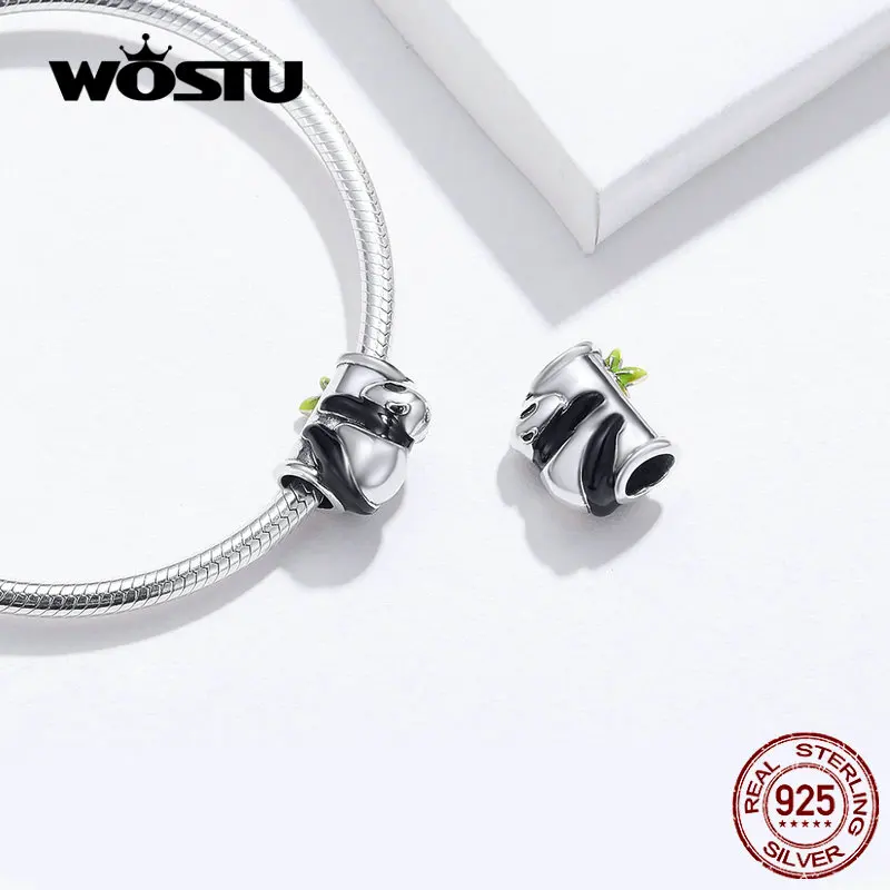 WOSTU новые зеленые бусы из бамбука и панды, Аутентичные серебряные бусины 925 пробы, амулеты, модные DIY Ювелирные изделия BNC096