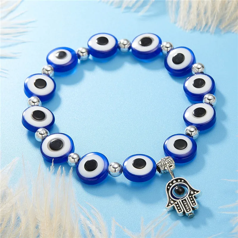 Trendy Couple Turkish Evil Eye Palm Elastic Bracelet For Women Men Charm Handmade Crystal Resin Beaded Bracelets Jewelry Gifts