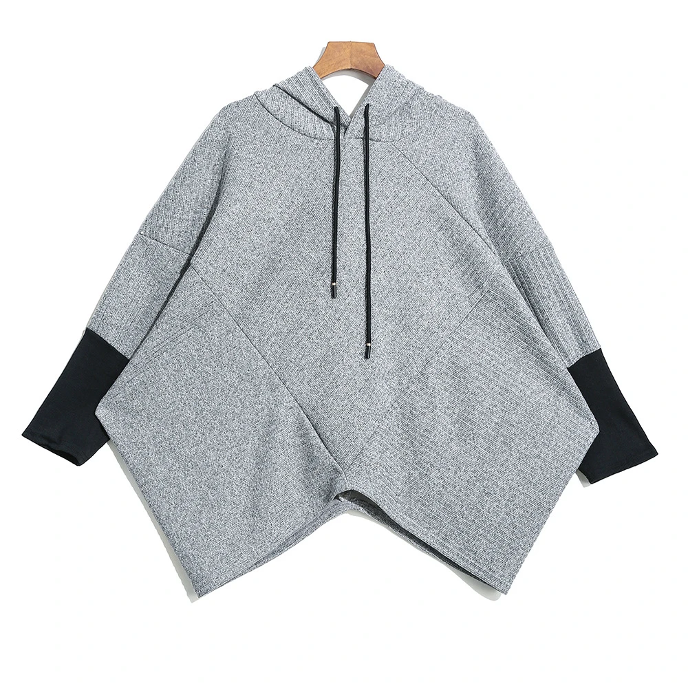 light gray QING MO, осенняя однотонная женская толстовка с капюшоном,, Женская ассиметричная трикотажная толстовка с рукавом летучая мышь, толстовка размера плюс ZQY1892 - Цвет: light gray