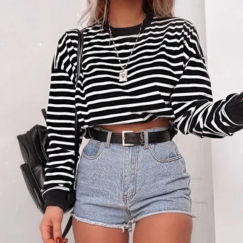 

Women Long Sleeve Crop Tops Summer Girls Stripe O-Neck Pullover T-Shirts Loose Casual Jumper Clothing 2020 New Fashion