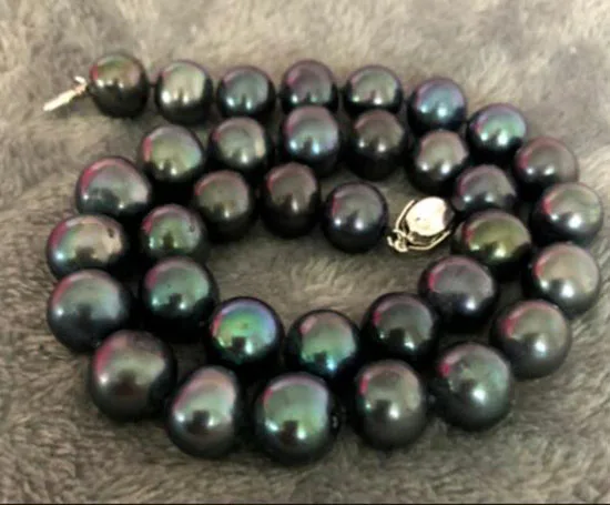 stunning 11-12mm round tahitian black green pearl necklace 18inch