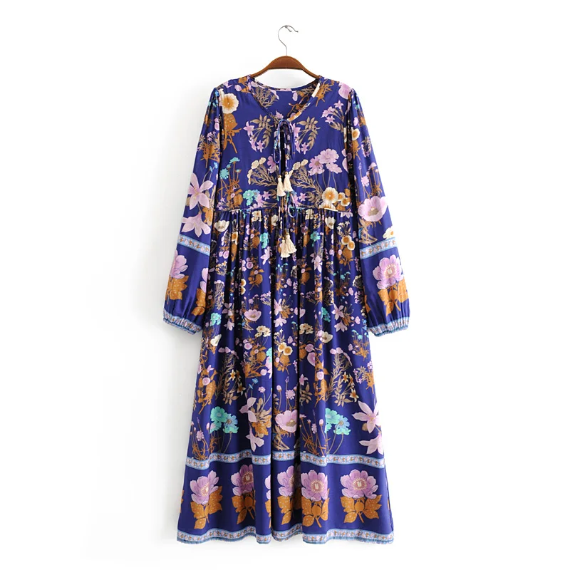 Everkaki Boho Цветочный принт женские макси платья свободные кисточки шеи завязываются с длинным рукавом в богемном стиле длинное платье женское осень новое