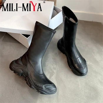 

MILI-MIYA Classic Style Women Cow Leather Mid-Calf Boots Solid Color Zipper Wedges Heels Round Toe Fashion Street Shoes For Lady