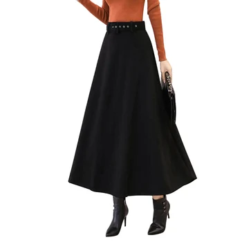 

NORMOV Winter Women Wool Maxi Skirts Fashion High Waist With Belt Solid Woolen Skirt Female Streetwear Casual Long Skirt