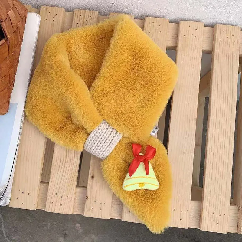 Yellow-Bell Детский шарф из искусственного кроличьего меха OMEA, Рождественский шарф унисекс, детский теплый плюшевый шарф с Санта Клаусом, рождественский подарок для девочек - Цвет: Yellow-Bell