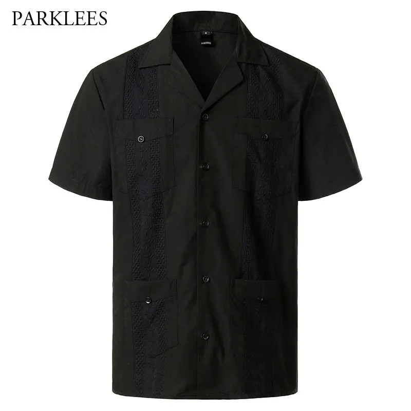 Embroidery Floral Patchwork Shirts for Men Casual Multi-Pocket Mens Short Sleeve Shirt Cuban Camp Guayabera Ethnic Men Clothing 3