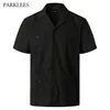 Embroidery Floral Patchwork Shirts for Men Casual Multi-Pocket Mens Short Sleeve Shirt Cuban Camp Guayabera Ethnic Men Clothing 3