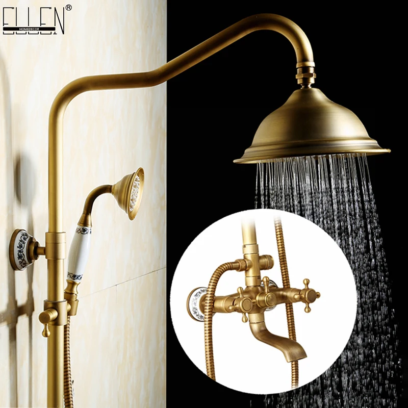 Bathroom Shower Faucet Set Antique Rain Shower Faucets With Hand Brass Wall Mounted Mixer for Bathroom Bath Luxury Rainfall EL4006T