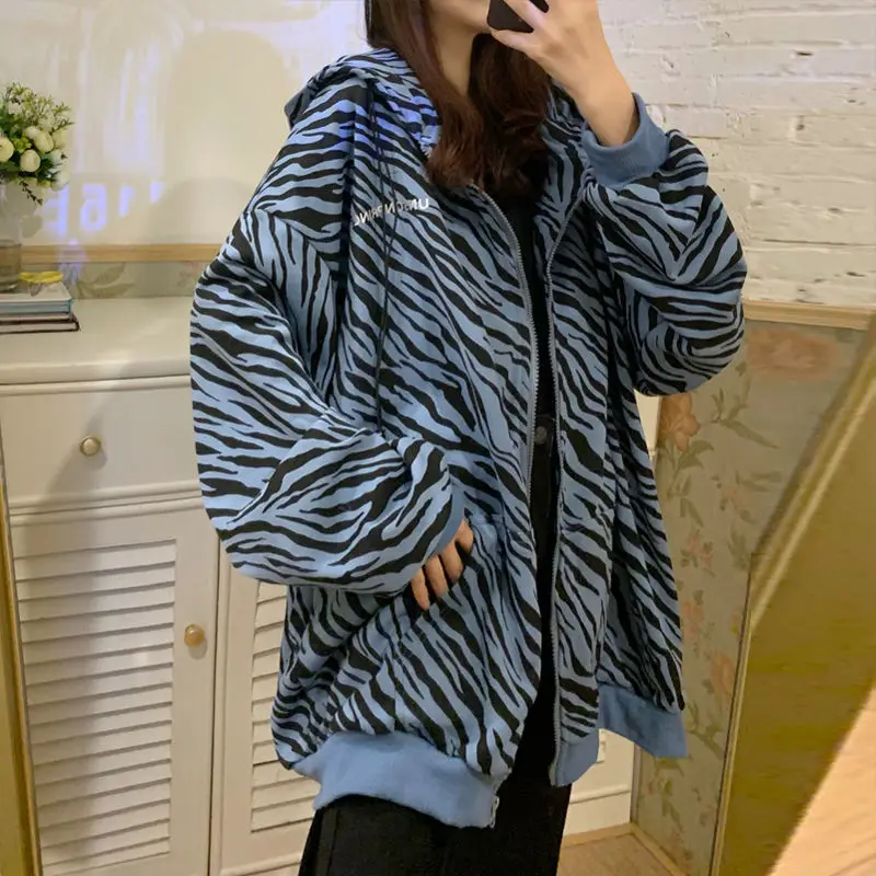 

Women's Hoodies Zebra-stripe Long Sleeves Cotton Zipper Loose Casual Coat Wholesale Winter 2021 New Fashion Female Clothes