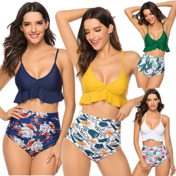 

Newest Womens Bathing Costume Padded Monokini Push Up Split Bathing Suit Ruffle High Waisted Female Intimates Pad Print Lengerie